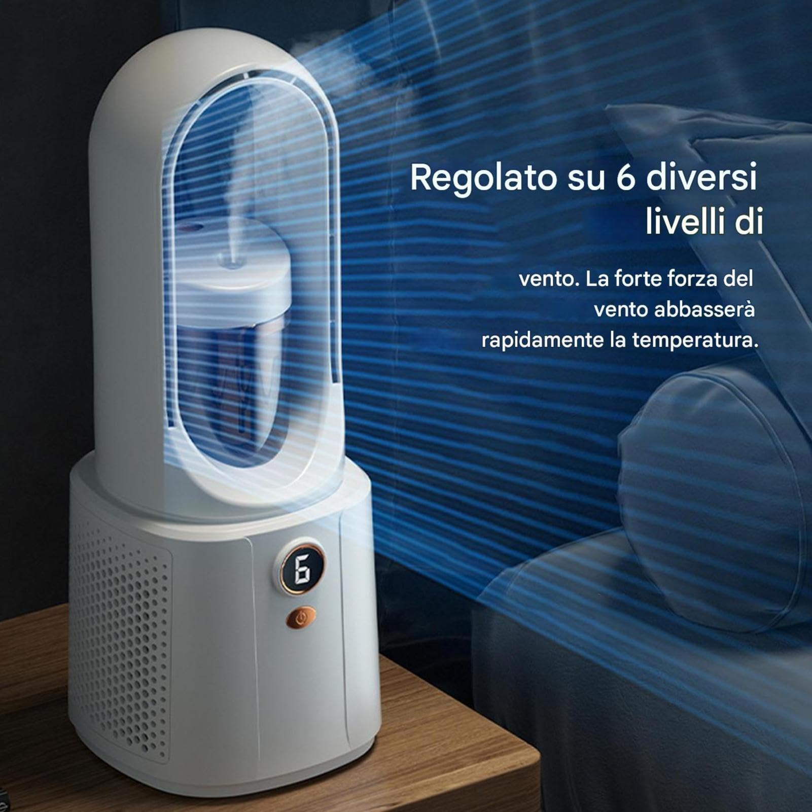 Ventilatore A Torre Silenzioso, 6 Velocità Ventilatore Senza Pale | umidificatore e ventilatore rinfrescante, Ventilatore a Piantana con Luce d’ambiente, USB, Per Casa e Ufficio
