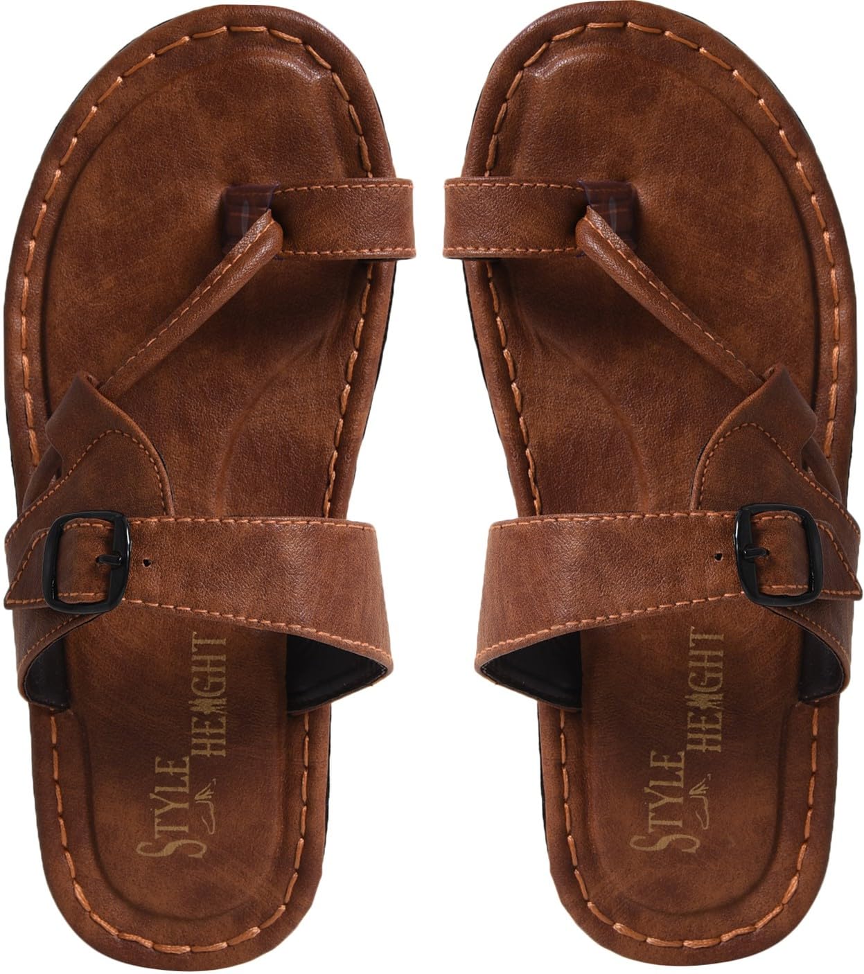 style height Men's Leather Toe Ring Sandals, Brown, Casual Comfort Slippers with Buckle-picture-14