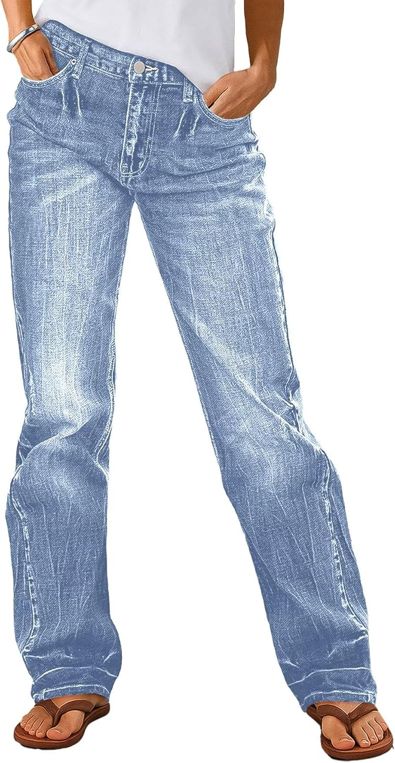 Flamingals Straight Leg Boyfriend Jeans for Women Trendy Mid Rise Wash Stretchy Casual Baggy Jeans