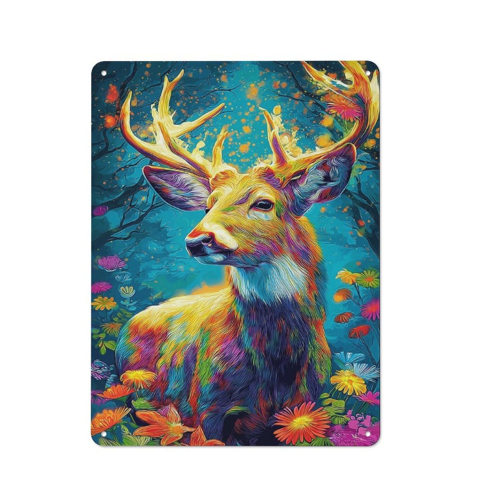 Classic Metal Plaque 40x30cm Featuring Colorful Deer in Fantasy Forest, Bistro Wall Plaque for Kitchen, Cafe, Pantry Or Dining Room