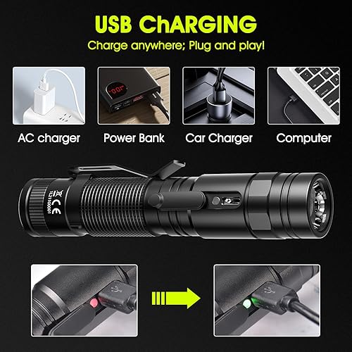 Miniatura 5 de Linterna recargable de 3000 lúmenes altos, linterna recargable USB-C, potente luz de flash de mano 5 modos, luz LED de bolsillo súper brillante para