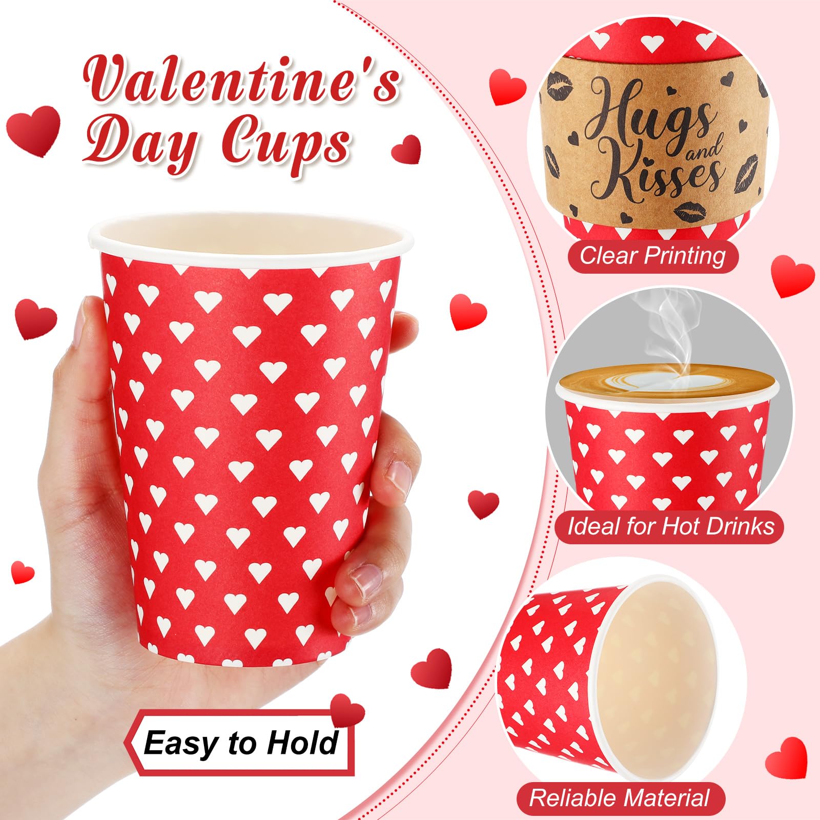 Layhit 100 tazze da caffè per San Valentino, bicchieri di carta usa e getta, con coperchio, maniche e cannucce per mescolare, per inverno, San Valentino, cioccolata calda, forniture per feste