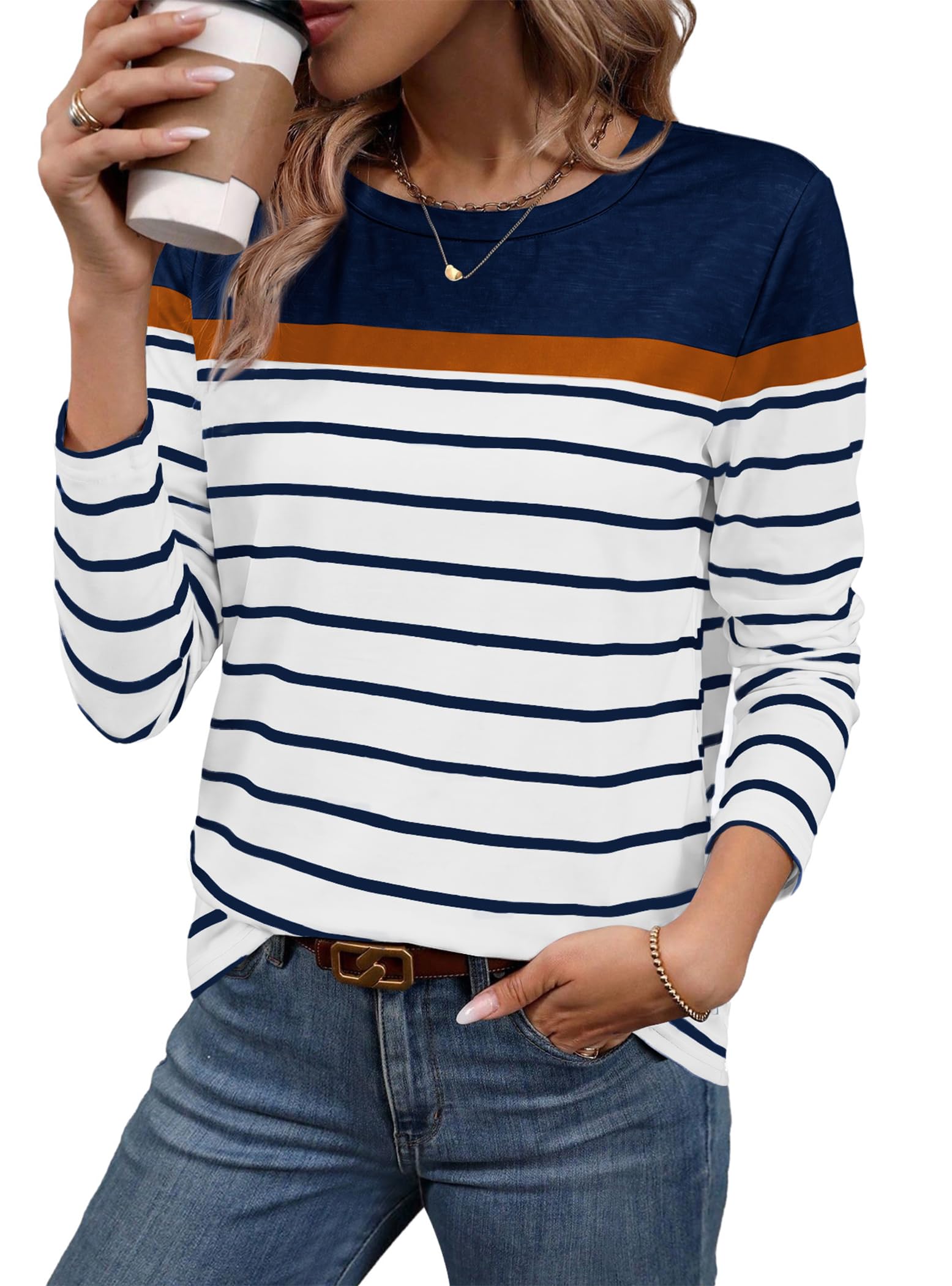 WIHOLL Long Sleeve Shirts for Women Stripe Tops Fall Fashion Outfits 2026