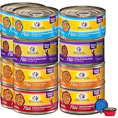 Wellness Natural Premium Canned Cat Wet Food Pate - 12 Pack Cans Variety Bundle Pack 4 Flavor - (Chicken,Beef, Salmon & Turkey) W/ HS Pet Food Bowl - (3 Ounce)
