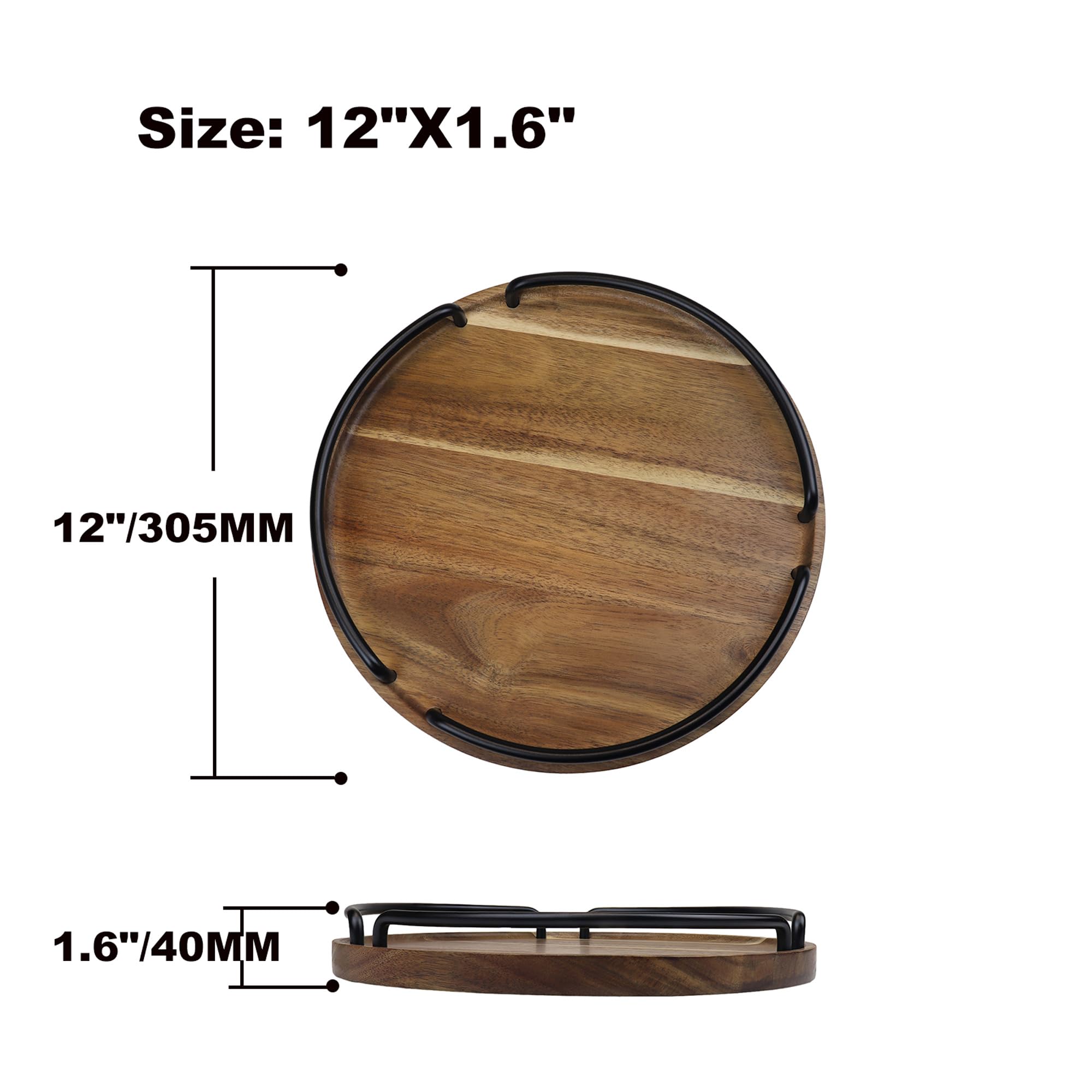 Rundes Serviertablett aus Holz, rustikaler Stil, dekoratives Tablett für Couchtisch, Wohnzimmer, Schminktisch, Akazienholz-Tablett mit Griffen, Einweihungsgeschenk, 30,5 cm (Durchmesser)