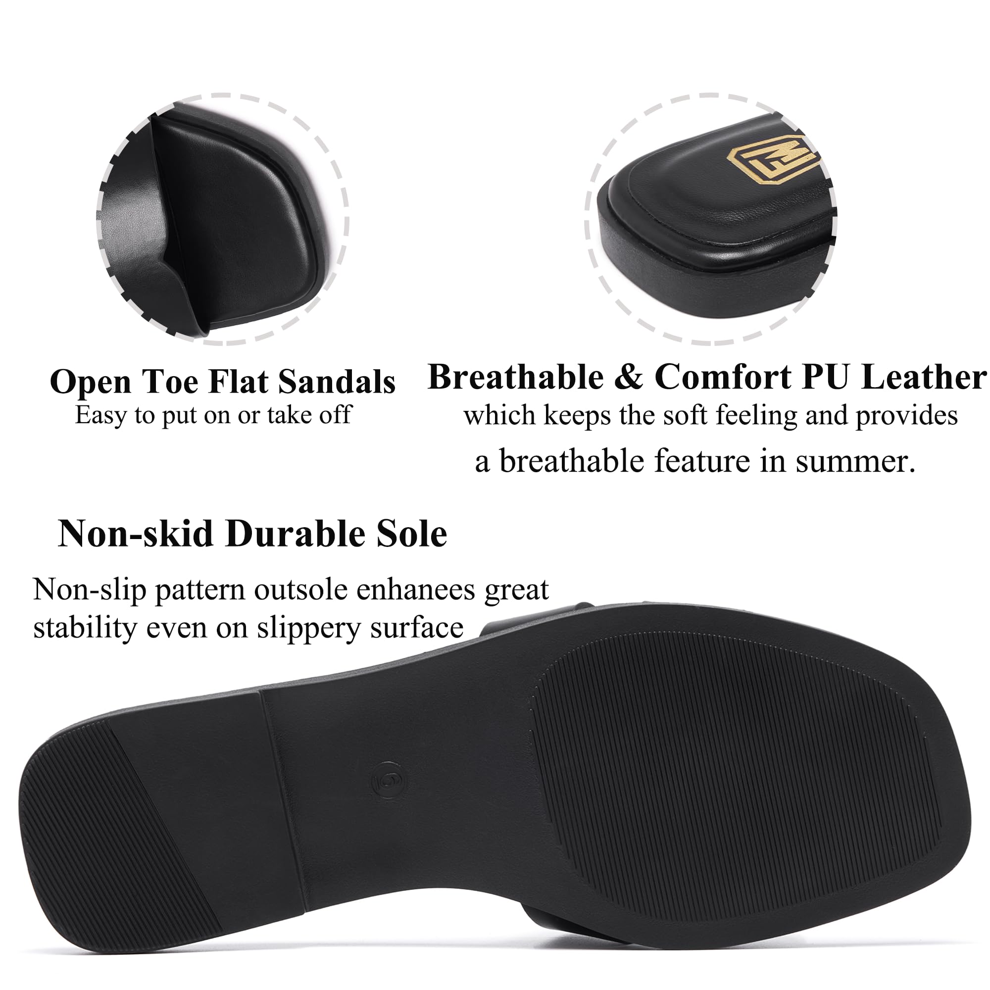 Sandalias planas para mujer, elegantes y cómodas, sandalias de moda con punta abierta cuadrada para la playa para el verano, Negro -, 8 4