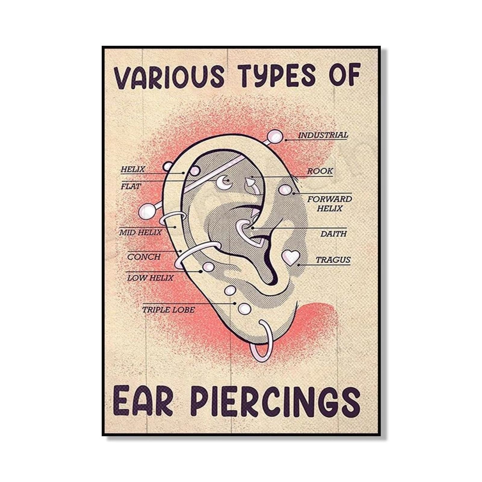 Baibexing Various Types Of Facial Piercing, Ear Piercing, Piercing Poster Prints, Infographic, Reflexology Ear Diagram Canvas Painting Wall Art Picture A2 60X90cm Unframed