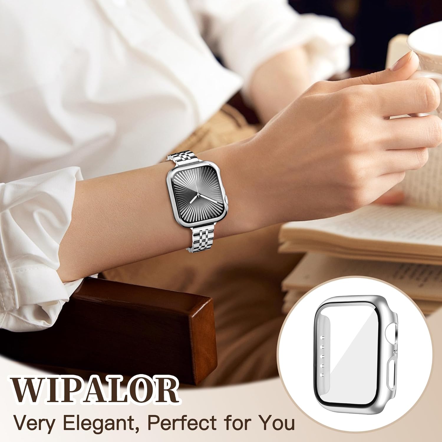 wipalor Thin Classic Metal Chain Band Fit Slim Apple Watch Bands for women 44mm with Case, Dressy Designer Stainless Steel iWatch Bands for iPhone Watch Bands Series 6 5 4 SE-Silver