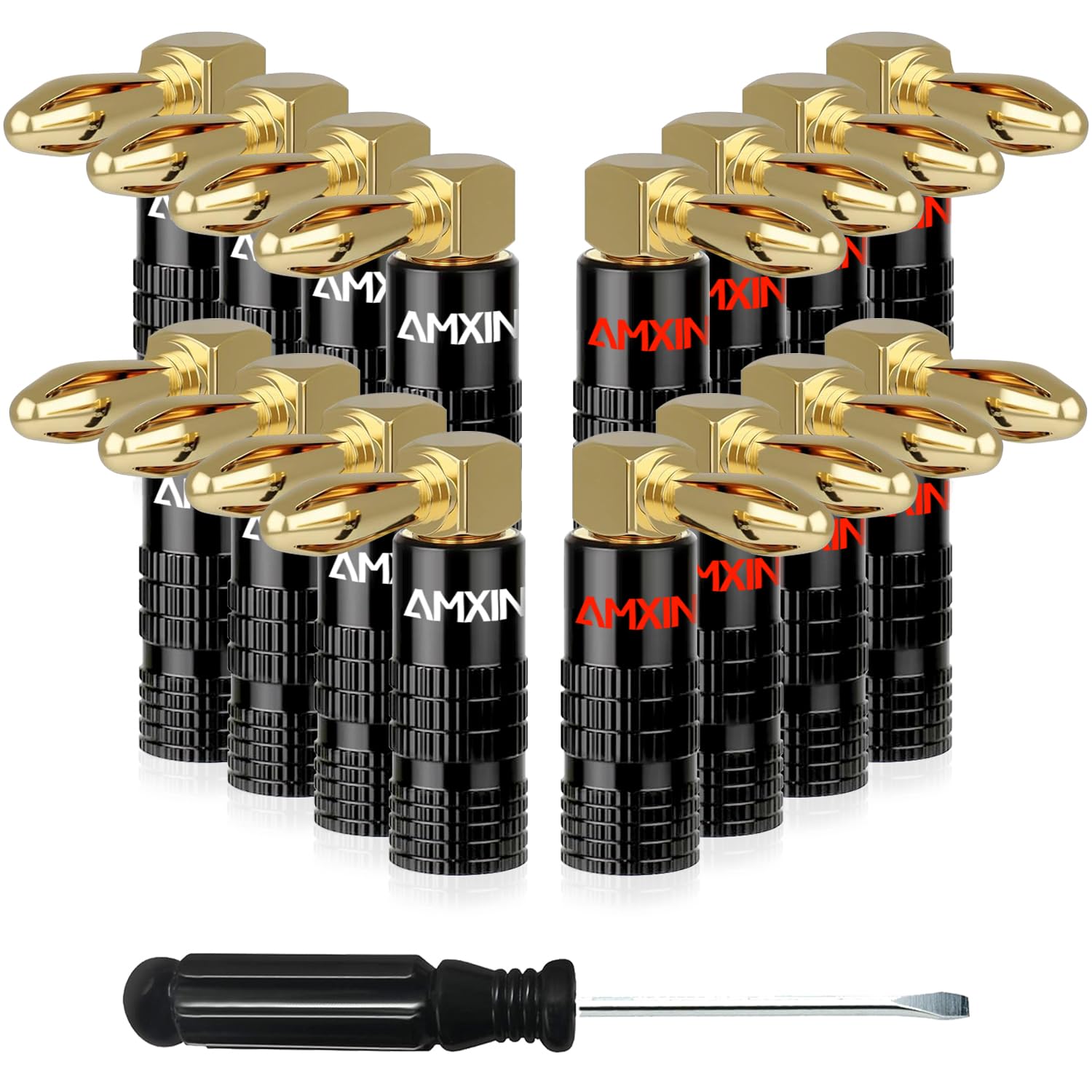 AMXINWANG Right Angle Banana Plugs (8 Pairs, 16 Pieces), Closed Screw 24K Gold Plated Speaker Connectors for Speaker Wire, Wall Plate, Home Theater, Audio/Video Receiver, and Sound Systems
