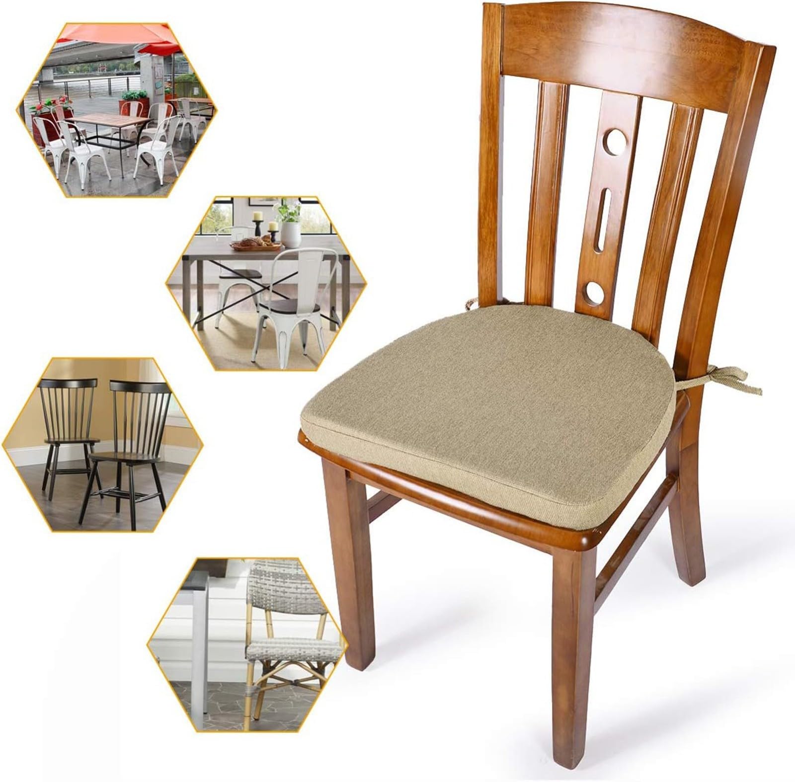 Stuhlkissen Sitzkissen Outdoor Gartenstuhlauflagen, Hufeisen rutschfest Stuhlkissen Halbrund mit Bändern, Sitzpolster für Outdoor Indoor Zuhause Büro Küche Beige,6 Pack