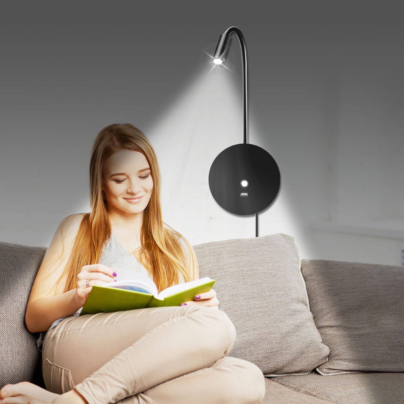 ERAY Wall Mounted Book Reading Light for Bed with Night Light & USB Output - 3 Dimmable Color Temperatures, Flexible Gooceneck, Eye Caring, Plug in Bedside Lamp for Bedroom, RVs, Campers, Boats