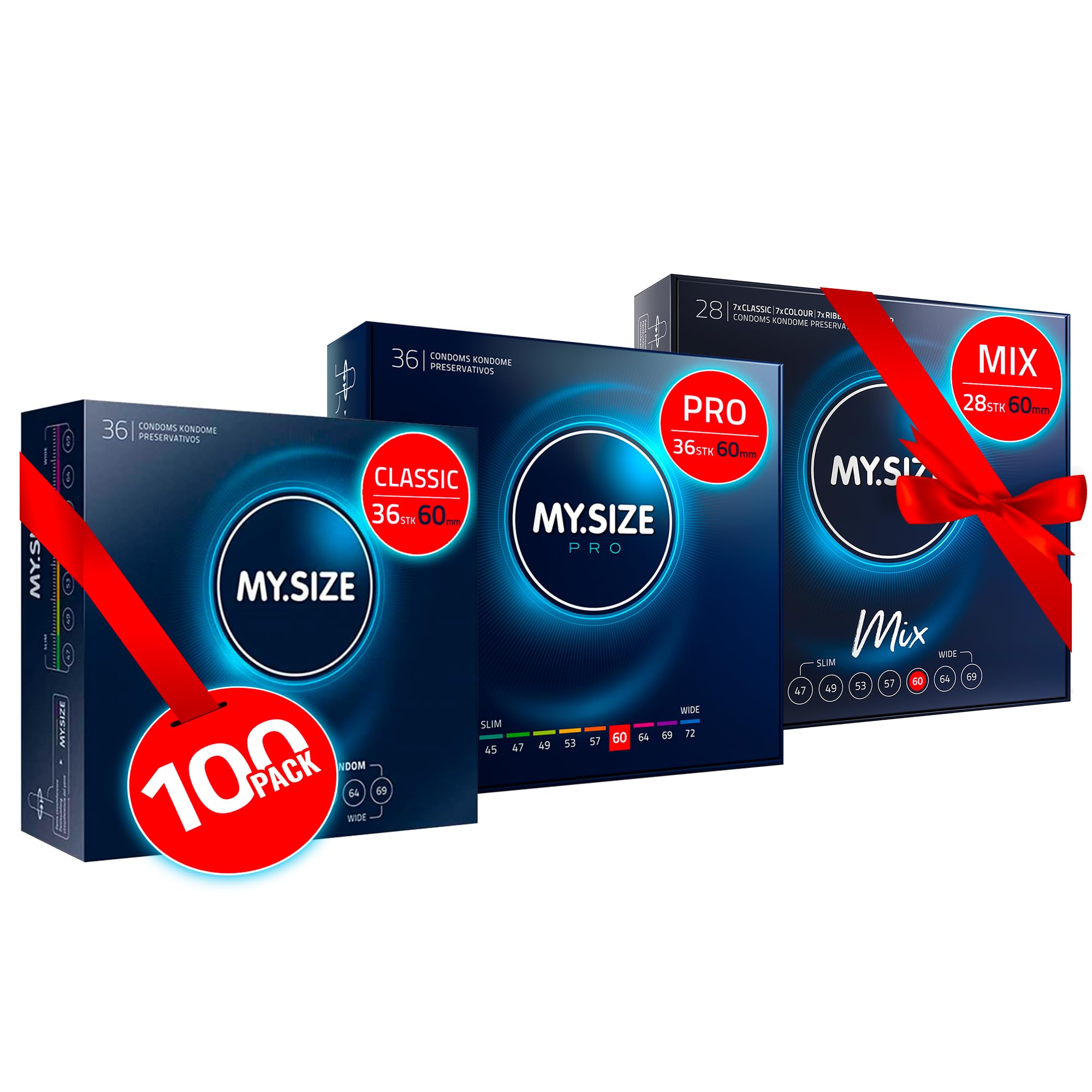 My Size 100 Condoms 60 mm Mega Set Classic + Mix + Pro I 5 I Pack of 100 I Premium Condom Extra Thin I Real Feel I Thin Wall Thickness I Vegan Condoms for Men