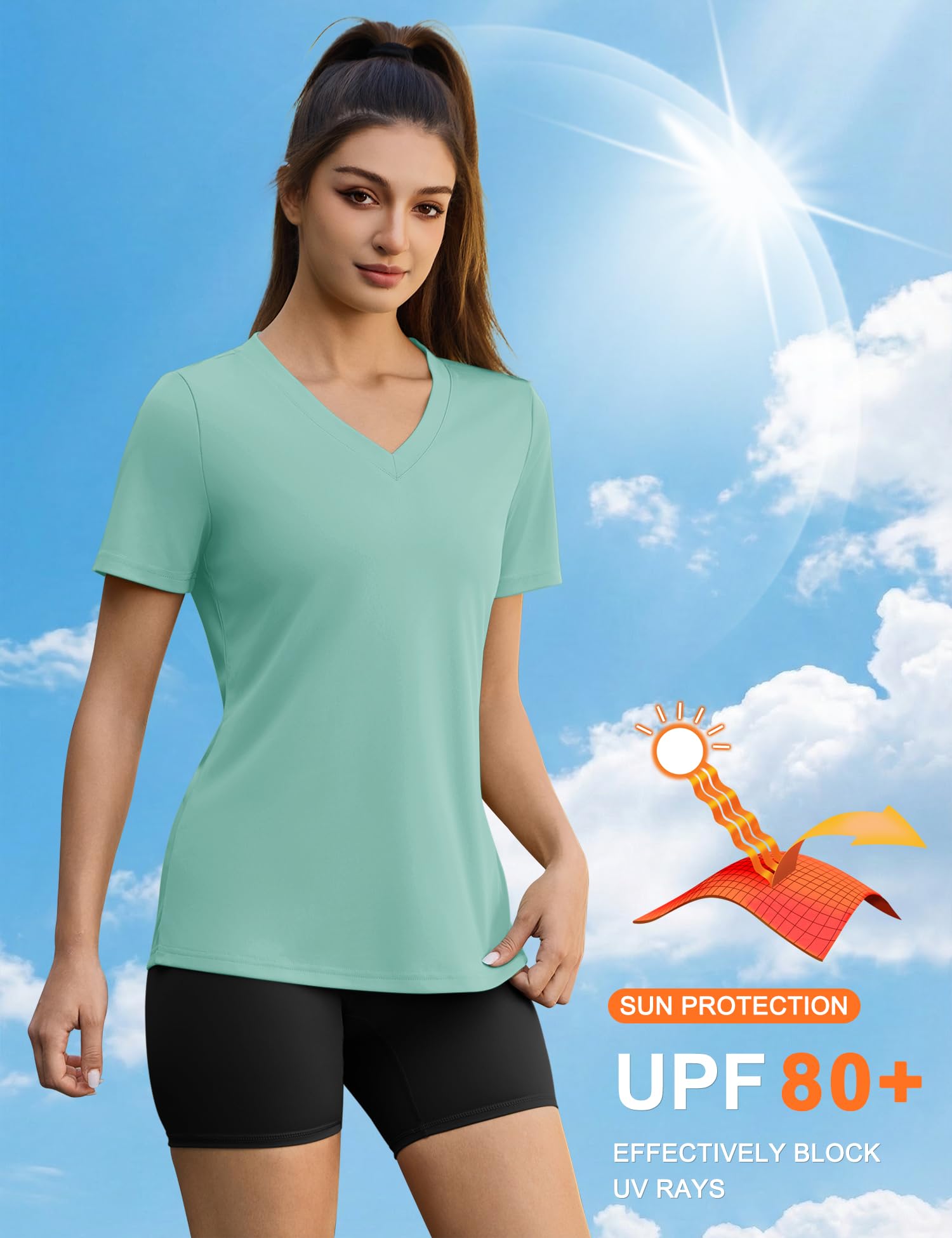 Rapbin T-shirt de sport ample à manches courtes et col en V pour femme - Séchage rapide - Protection UV UPF 50+