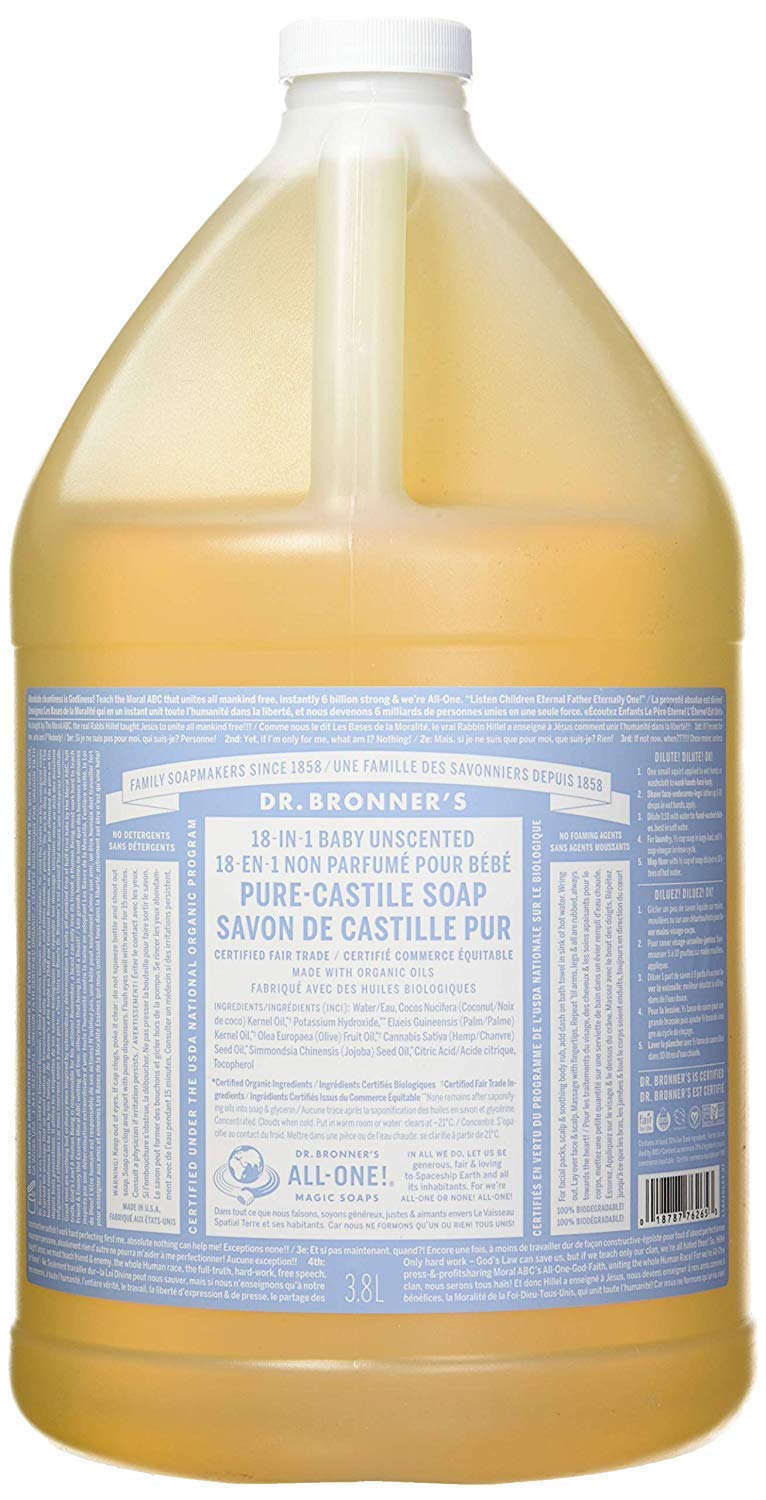 Buy Dr. Bronner’s PureCastile Liquid Soap (Baby Unscented, 1 Gallon