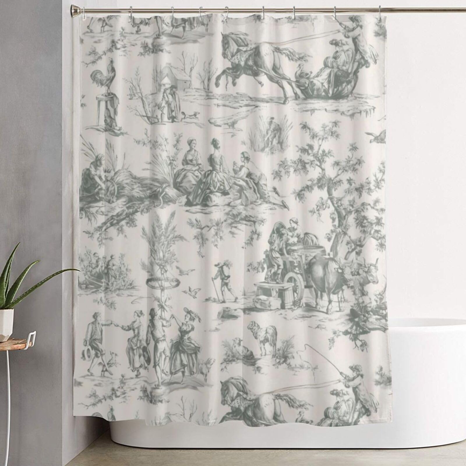 Lukiyys Grey French Country Toile Pattern Waterproof Polyester Shower Curtains, 60x72 Inches, with Hooks, Fashion Bathroom Decor, Iron