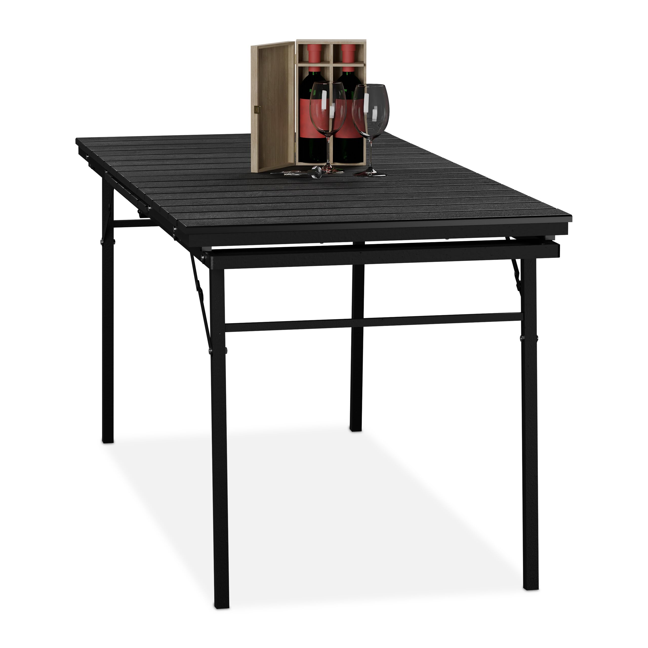 Relaxdays Mesa de Jardín Plegable, Tablero Extensible, 8 Personas, Plástico y Acero, Largo de 166-215cm, Exterior, Negro, 76 x 166 x 78 cm