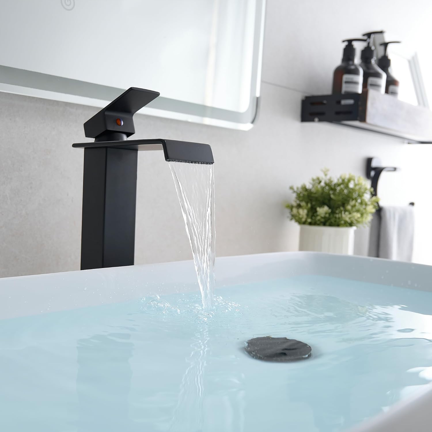Brass Vessel Sink Faucet Black Waterfall Bathroom Faucet 1 Hole, Tall Bathroom Sink Faucet Single Handle, Modern Bathroom Faucets for Vessel Sinks with Pop Up Drain and Supply Hoses