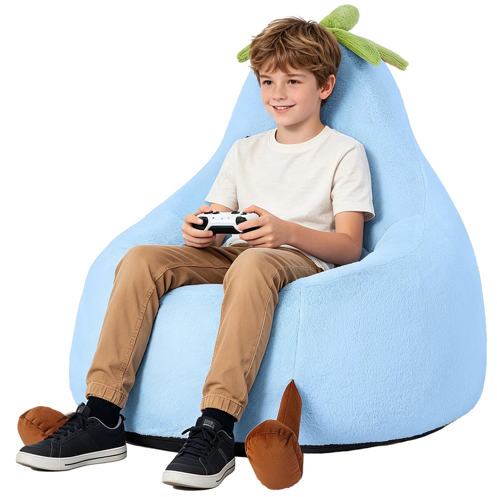 31 Inches Memory Foam Bean Bag Chair - Ultra Soft Faux Rabbit Fur Round Sofa with Handle &amp; Machine Washable Cover, Comfy Chair for Kids Teens, Perfect for Reading Gaming in Living Room Bedroom，Blue
