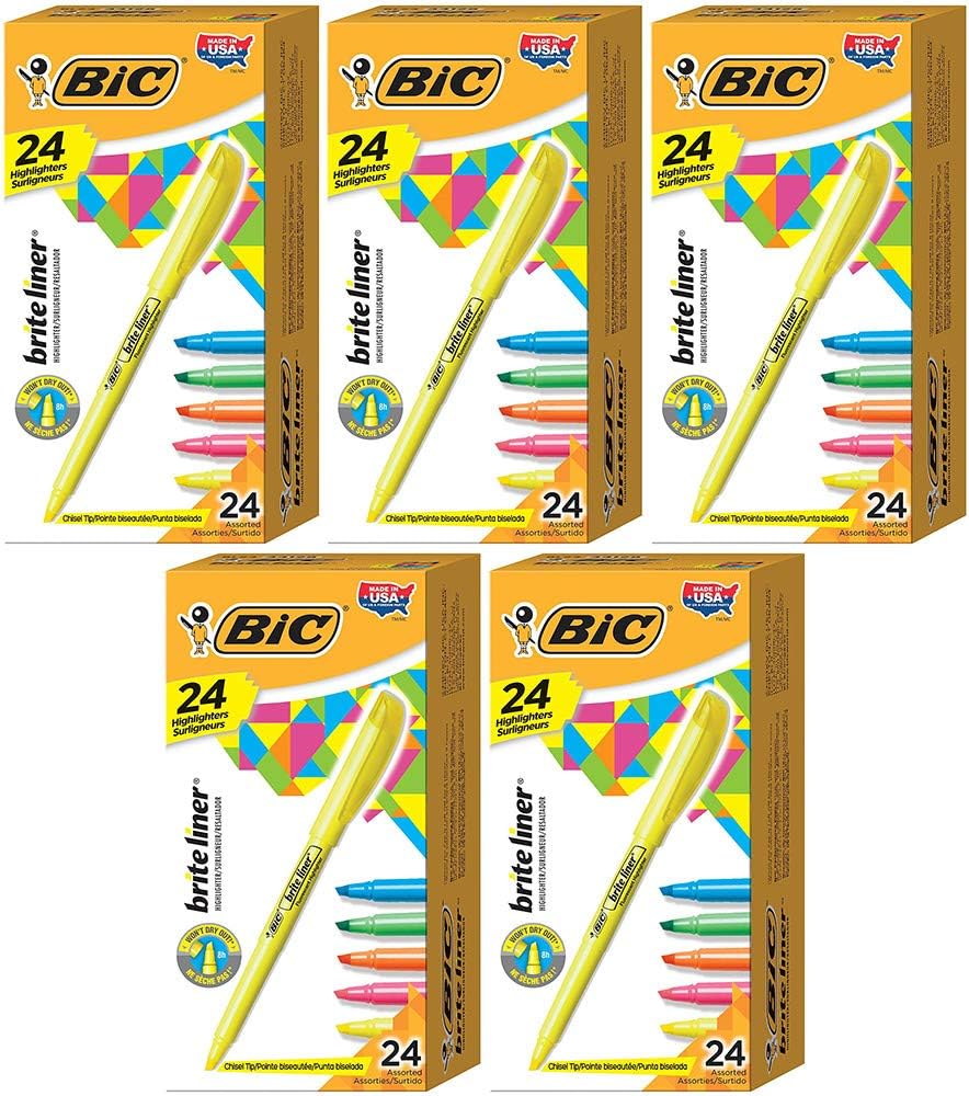 BIC Brite Liner Highlighter, Chisel Tip, Assorted Colors, 24 Count (5 Boxes)
