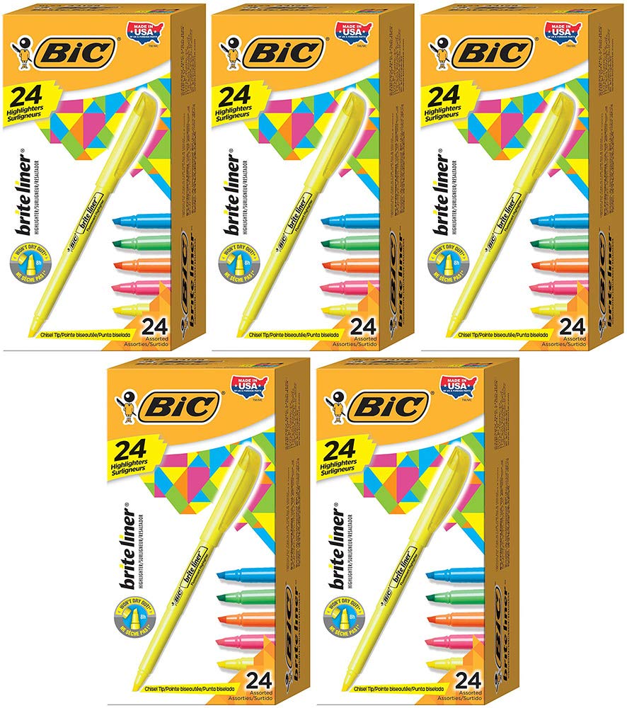 BIC Brite Liner Textmarker, Keilspitze, verschiedene Farben, 24 Stück (5 Boxen)