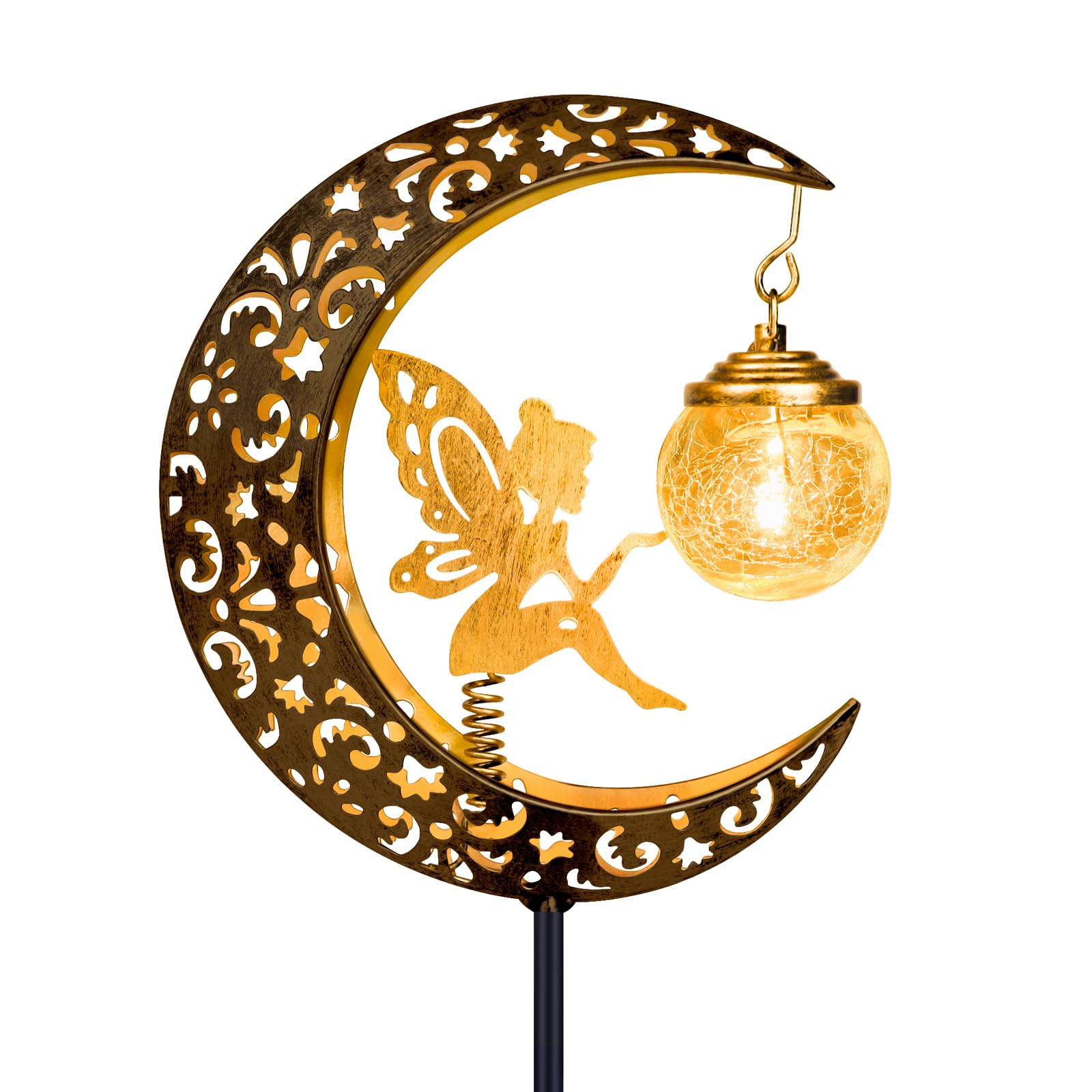 Morotty 1 Pack Solar Lights Outdoor Garden Stake, Waterproof Moon Fairy Garden Ornaments, Warm White LED Solar Crackle Glass Globe Light, Garden Decorations for Yard Path Lawn Patio(Fairy)
