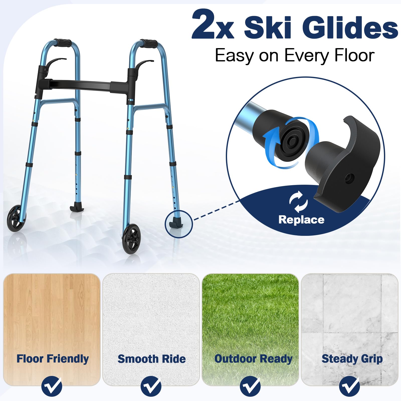 Walkers for Seniors, Folding Walker with Wheels and 2 Skis, Lightweight Rolling Walker Supports Up to 350 Pounds, Adjustable Height, Adult Compact Standard Walkers with Aluminum Frame, Blue