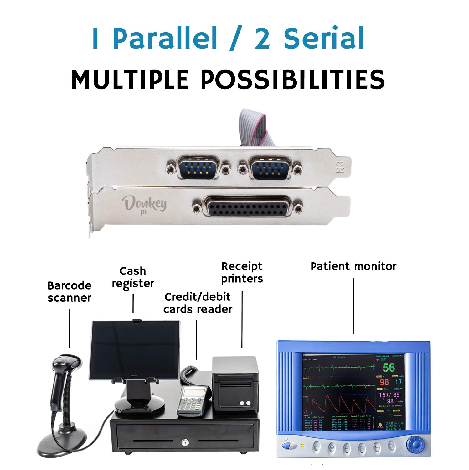 Carte PCI avec 2 ports série DB9 RS232 + 1 carte adaptateur de port LPT parallèle DB25 pour PC. Carte PCI parallèle avec carte d'extension à 2 ports série.