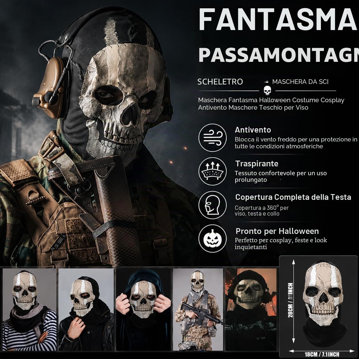 Maschera Ghost Call of Duty, maschera con teschio e merluzzo, maschera fantasma, per Halloween, passamontagna, maschera da fantasma, maschera da scheletro antivento, per cosplay