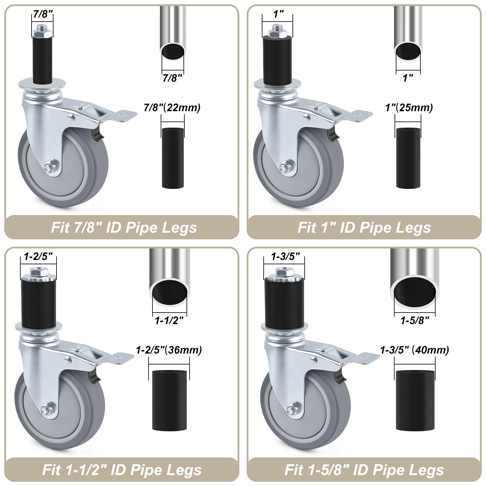 Zestaw 4-calowych kółek jezdnych do stołu roboczego, 4 wytrzymałe, rozszerzalne kółka jezdne pasujące do nóg rurowych o średnicy 7/8", 1", 1-1/2", 1-5/8" z hamulcem do stołu ze stali nierdzewnej, w