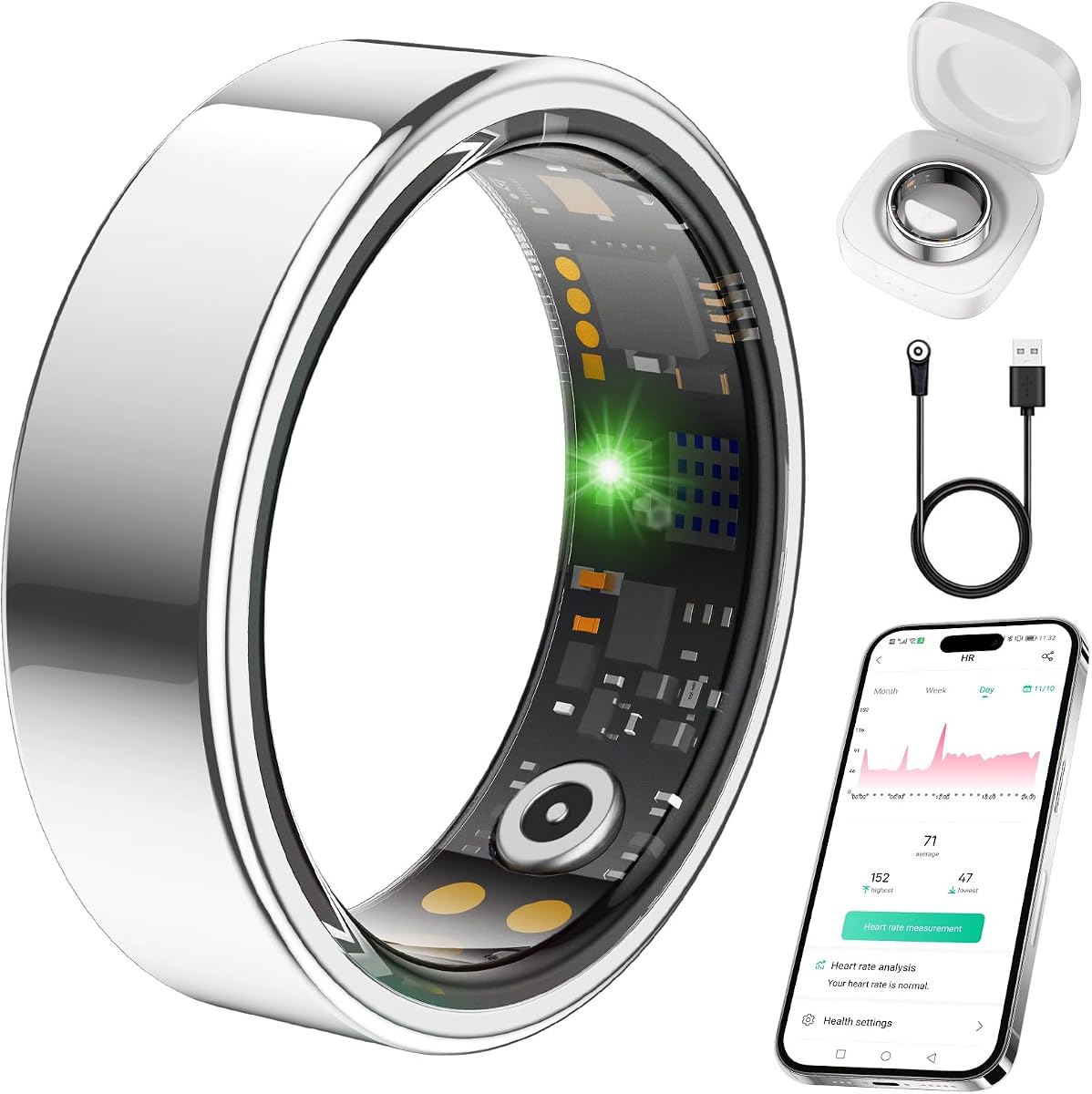 Smart Ring for Women Men, Health Tracker, Fitness Ring (Silver, 9#) | Sleep Monitor, Heart Rate, Blood Oxygen Step Counter, IP68 Waterproof Fit Ring No Subscription, iOS & Android Compatible