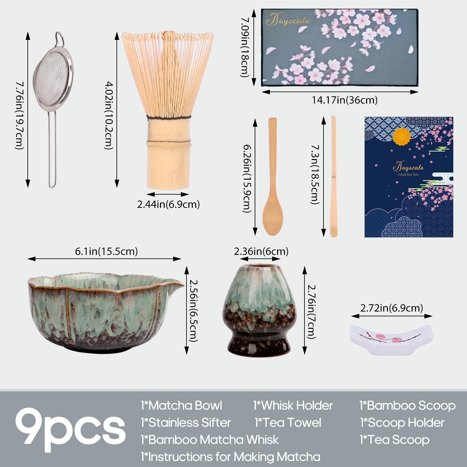 Joyscale Matcha Whisk Set, Matcha Set Whisk And Bowl, 9 Pcs Matcha Kit Set(Rose Design), 18 OZ, Japanese Matcha Tea Set, Matcha Making Kit Gifts for Tea Lovers(Blue) - Image 3