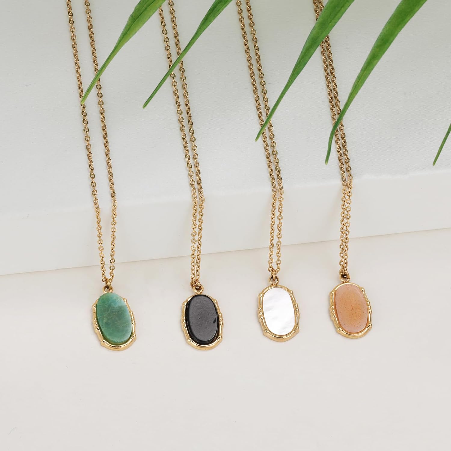 14K Gold Plated Womens Pendant Necklace,Lightweight Natural Stone Necklaces for Women Oval Square Crystal Agate Jewelry Adjustable Chain Gifts Box - Image 3