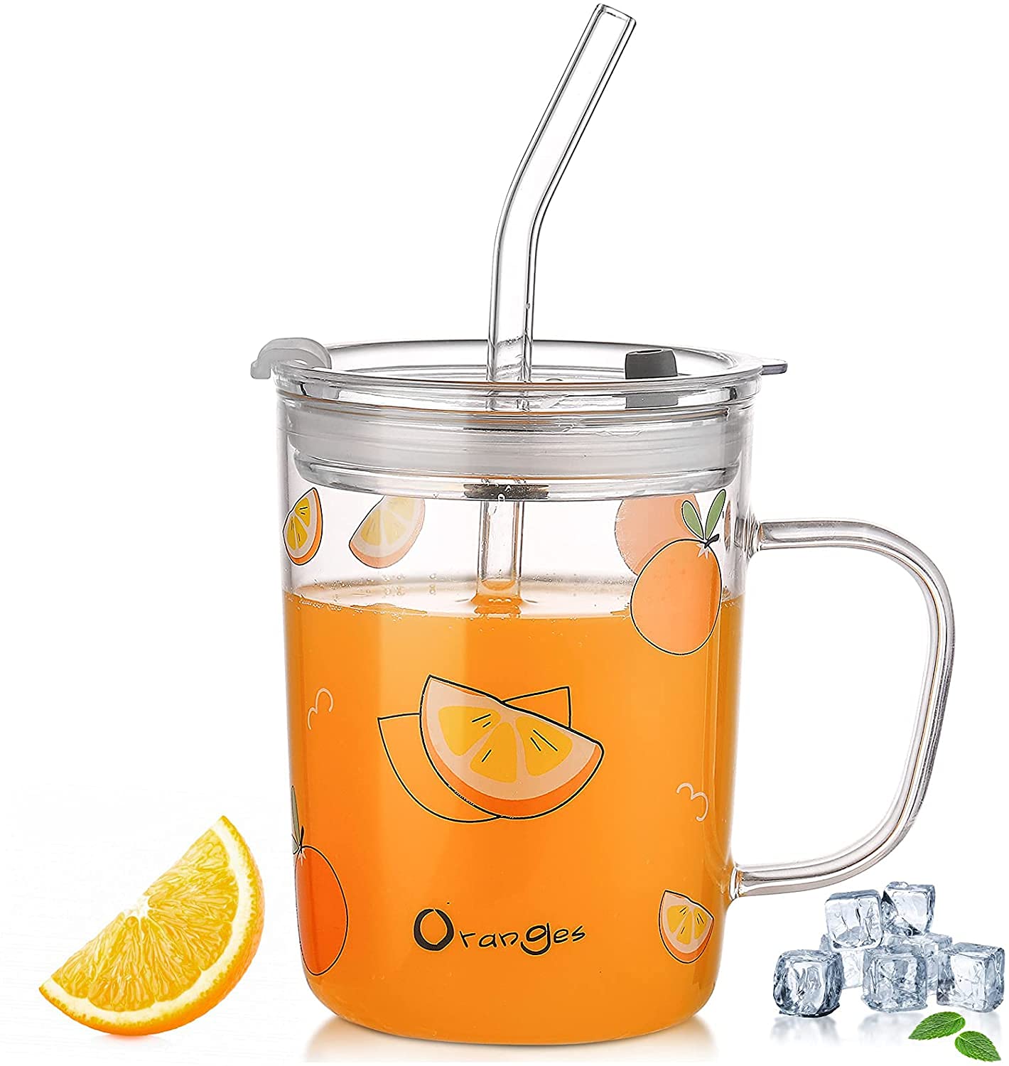 KELVEE Cartoon Printed Design Glass Drinking Mug with Handle and Clear Lid with Scale Straw for Coffee,Juice,Milk and Multiple Usage Sipper 400 ml (1)