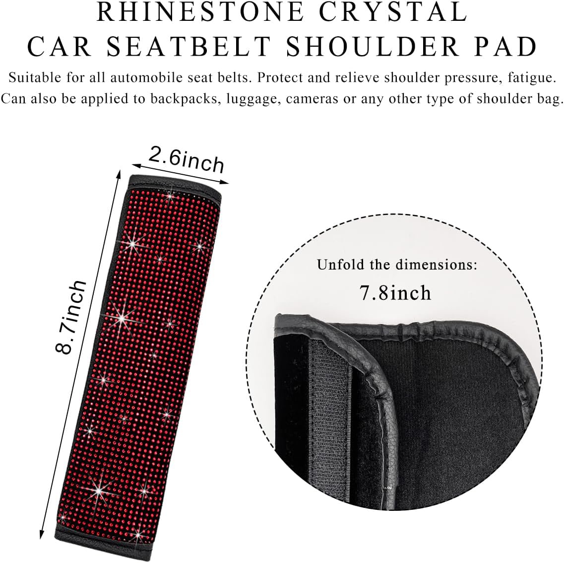 2 PCS Bling Car Seat Belt Cover, Sparkle Leather Seat Belt Pads with Rhinestone, Diamonds Glitter Seatbelt Cushions for Women Girl, Universal Interior Car Accessories (Red) image 2