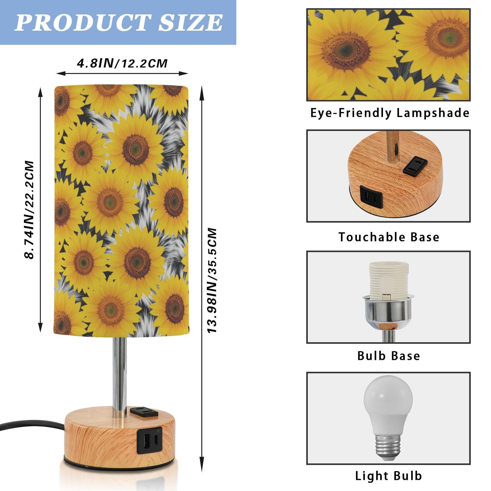 Yuiboo Lampa stołowa ze sterowaniem dotykowym z portami USB C+A, lampa biurkowa do nauki czytania