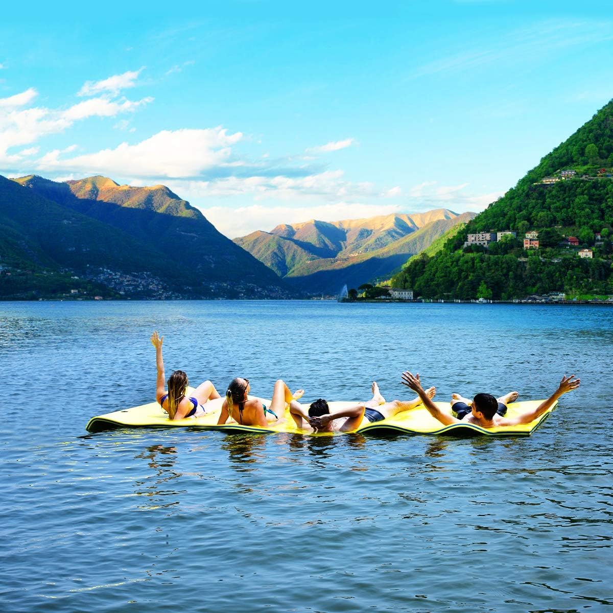 GYMAX Floating Water Pad, 9/18 FT x 6 FT Water Foam Mat with Rolling Pillow, 3-Layer Floating Island for Pool River Lake Beach Sea Activities