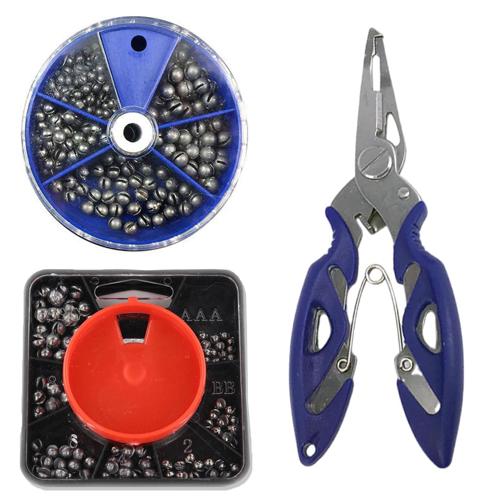 3-Piece Split Shot Fishing Weights Storage Set, Fishing Tackle Box Organisers with Curved Fishing Pliers, Lure Fishing Accessories for Sea Fishing Tackle, Blue Five-Grid 105 Gram, Red 120 Gram