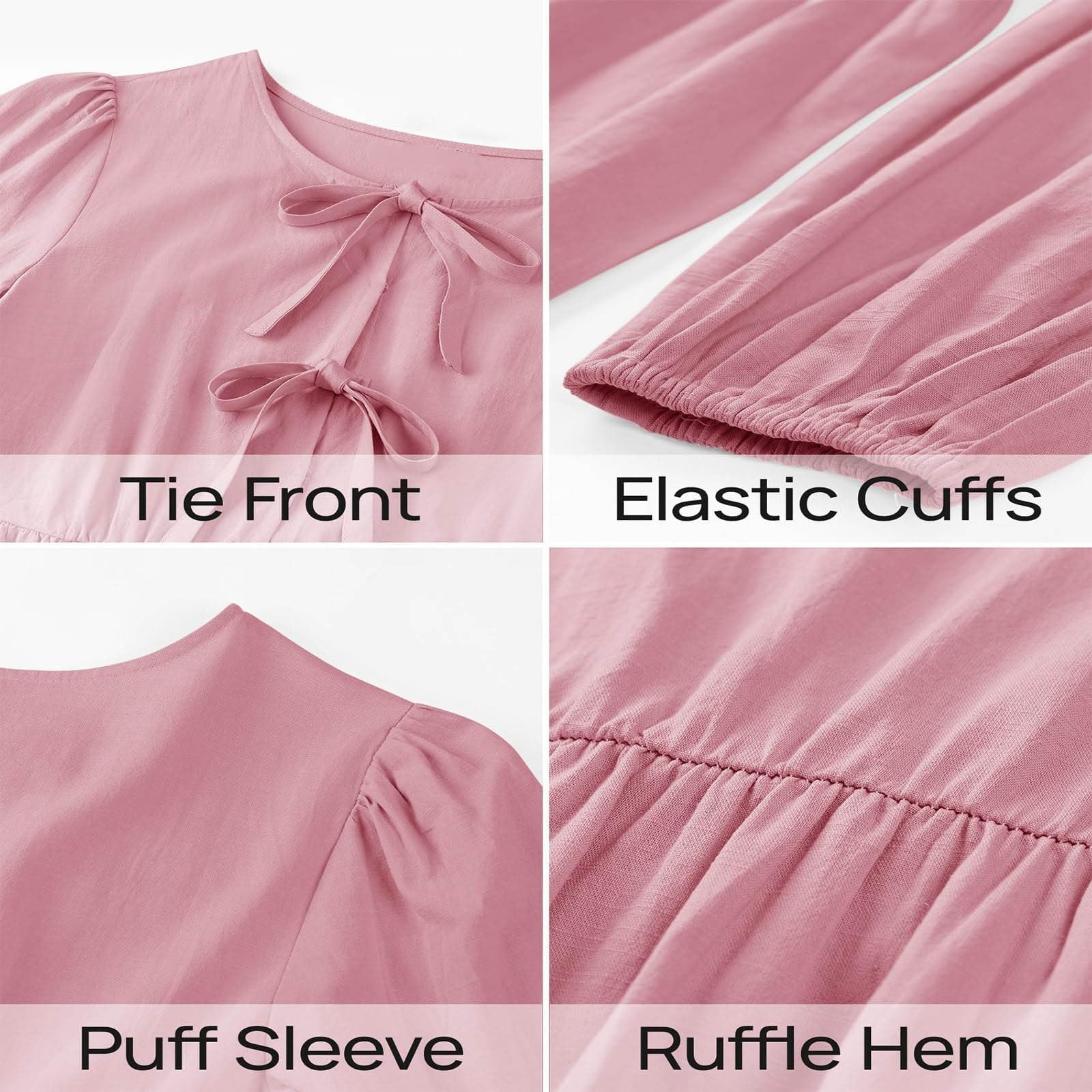 Robe Mini péplum à Manches Longues Bouffantes et nœud Papillon sur Le Devant pour Femme, Robes d'automne,Robe Courte à Volants en Ligne A, Robe Tunique Fluide Mignonne (Pink,L)