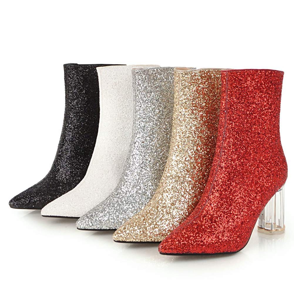 Women's Sequins Ankle Booties Block Crystal High Heel Winter Boots Black2(Add Fur)