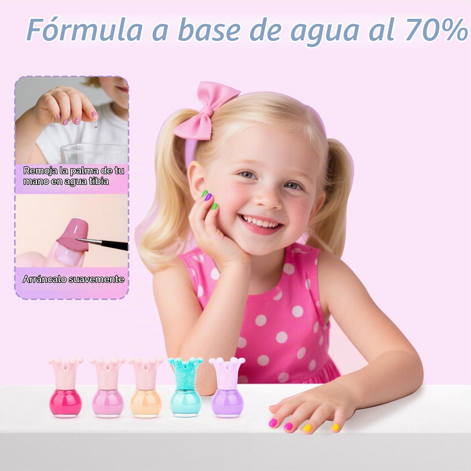 Juego de Esmalte de Uñas Pelables para Niñas – 5 x 5ml Colores con Purpurina, Secado Rápido, a Base de Agua + 2 Hojas de Pegatinas – Kit de Regalo Infantil