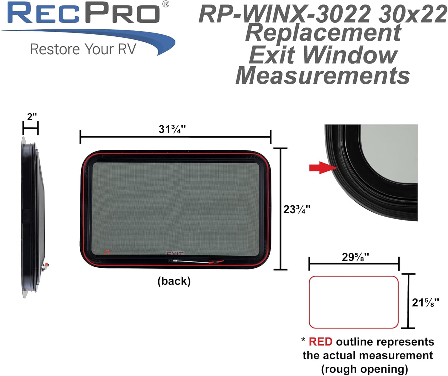 RecPro RV Exit Window 30" W x 22" H Optional Trim | RV Window Replacement (with Trim Ring) | Made in USA