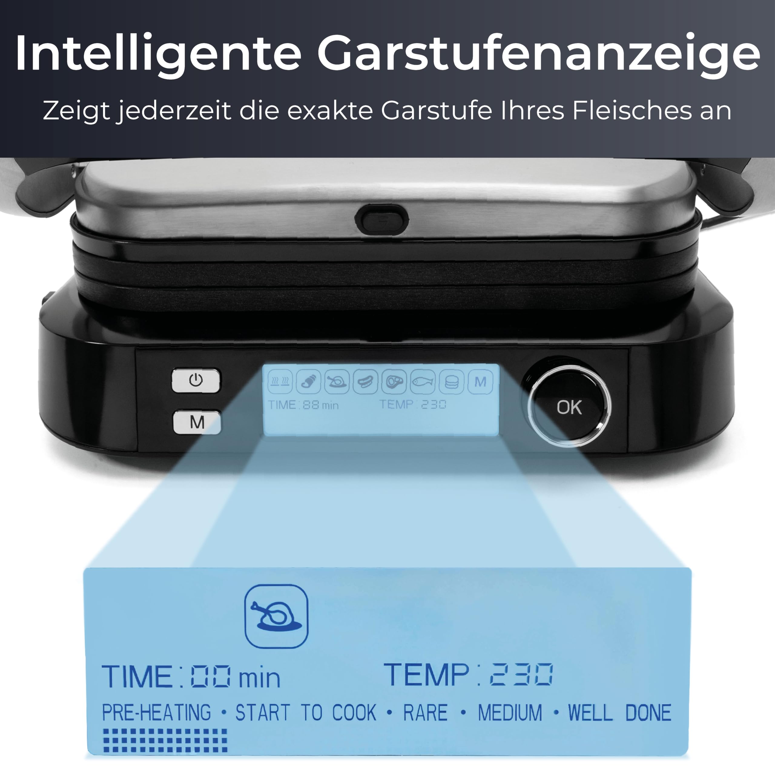 KLAMER Kontaktgrill 2100 W – elektrischer Tischgrill mit 7 Automatikprogrammen, abnehmbaren Platten, Antihaftbeschichtung, einstellbarer Temperatur 70–230 °C, Cool-Touch-Griff, Edelstahl & Schwarz