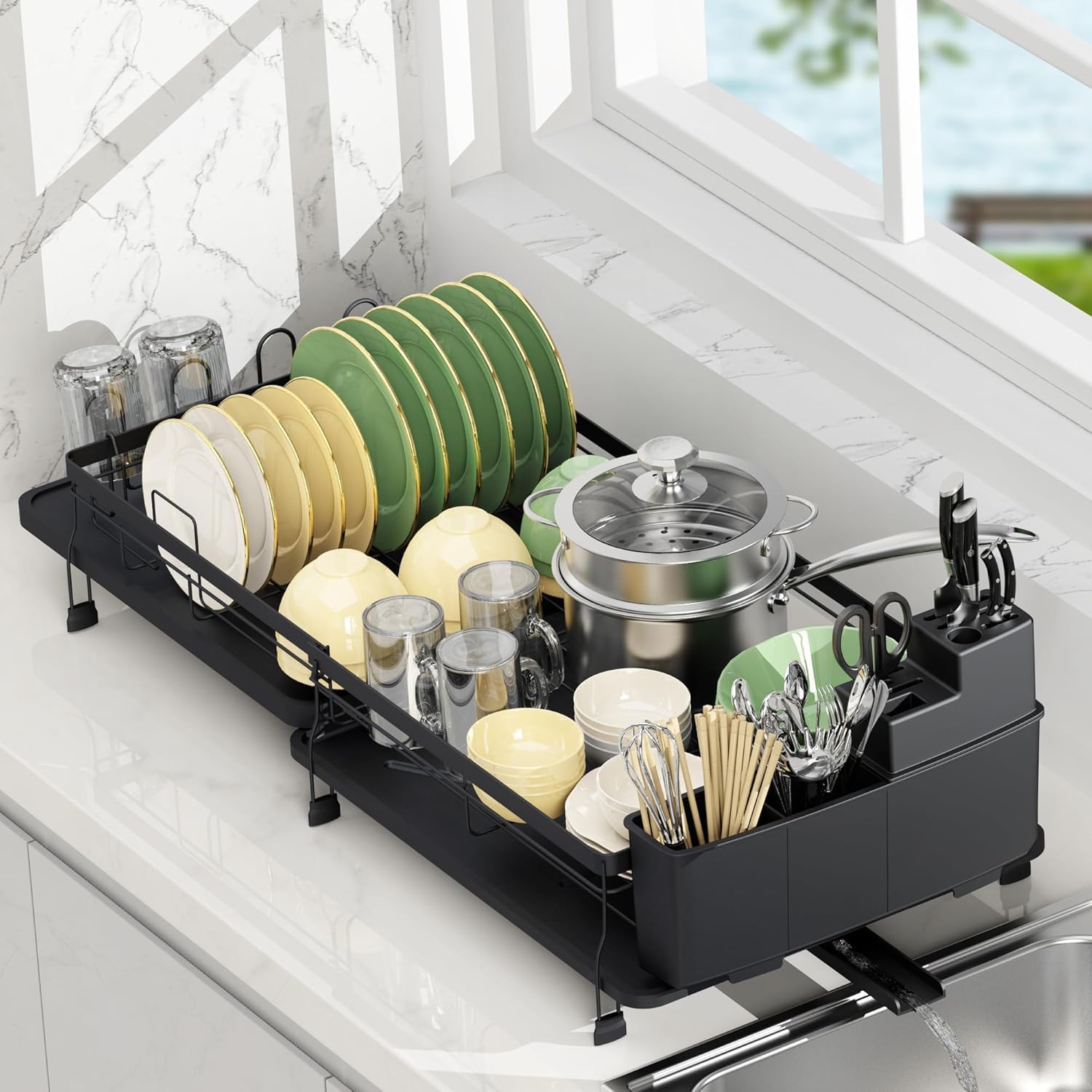 Rottogoon Black-Expandable Expandable Dish Drying Rack Multifunctional Adjustable Dish Drainer With Swivel Spout And Anti-Rust Dish Rack With Removable Cutlery Cup Holders For Kitchen Counter Black