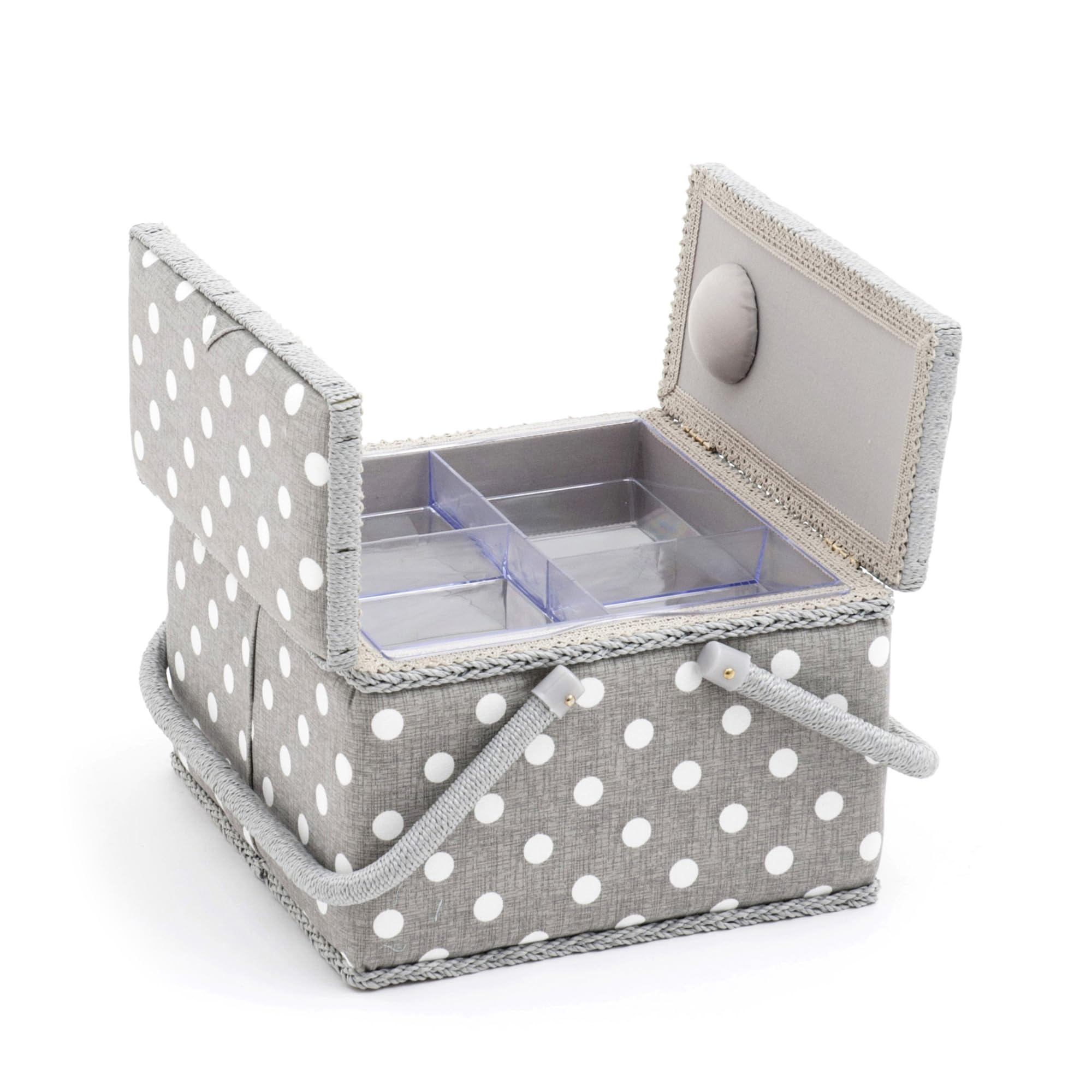 Hobby Gift Caja de Costura Grande con Doble Tapa y Asa, Cesta de Algodón con Compartimentos para Herramientas, 25 x 25 x 17 cm, Lunares Gris