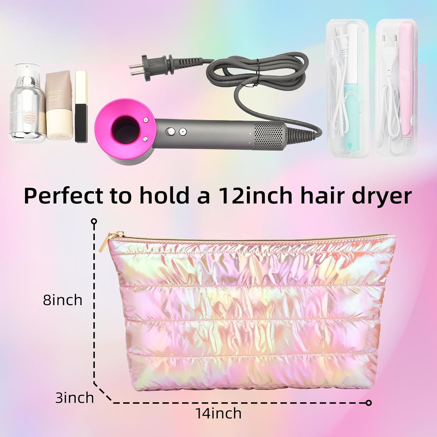 Hiroyuki Iridescent Quilted Makeup Bag, 3pcs Cute Makeup Bag Set, Large Capacity Cosmetic Organizer Travel Toiletry Pouch (plain, pink) - Image 7