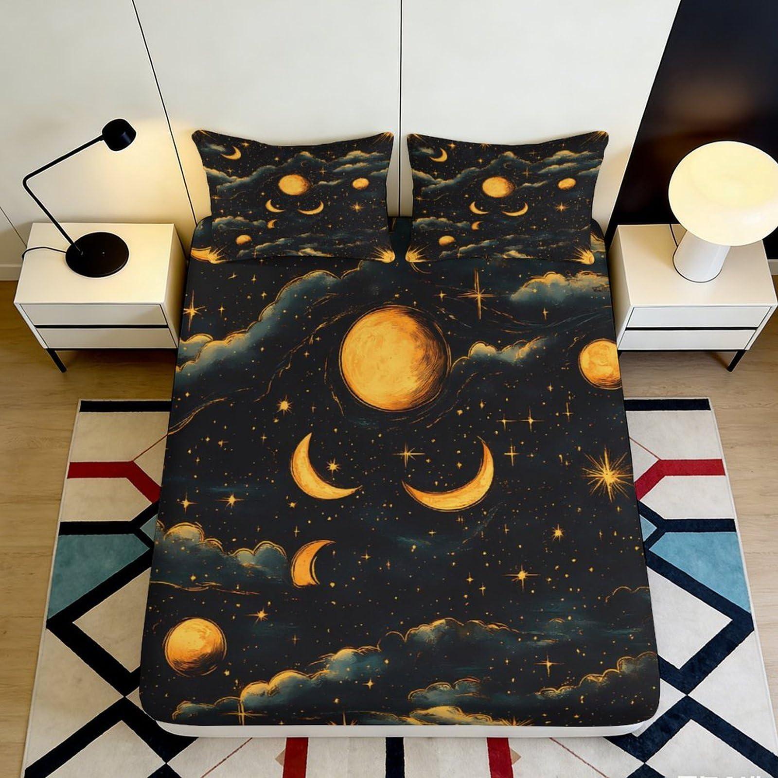 3D Printed Celestial Moon Fitted Sheet Microfiber Soft Durable Cosmic Nebula Bed Cover for Bedroom Dormitory Guest Room Mattress Protection 140x200x25cm