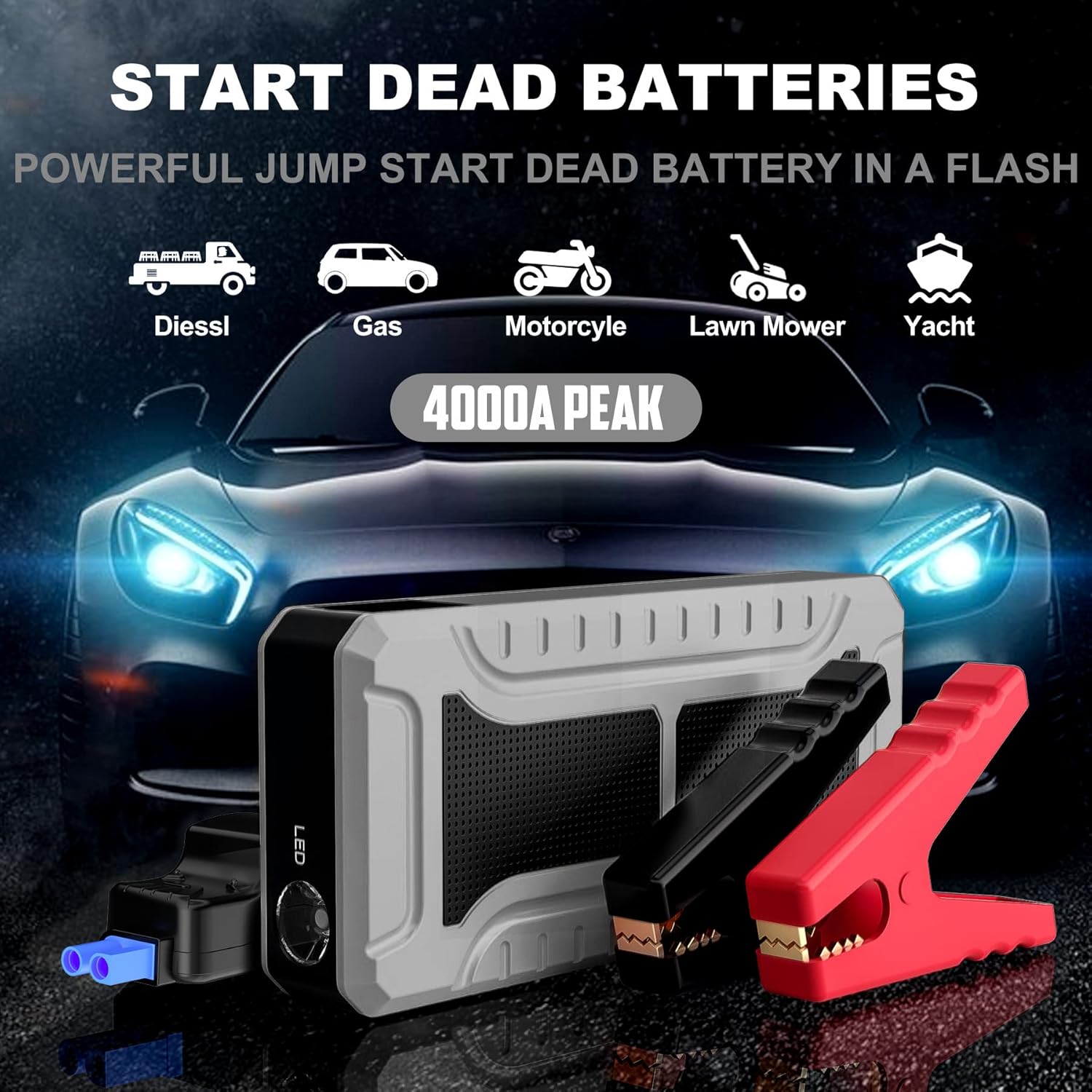 Car Jump Starter, 4000A Peak Battery Jump Starter (for All Gas or Up to 10L Diesel), Portable Battery Booster Power Pack, 12V Auto Jump Box with LED Light,Power Bank, USB Quick Charge