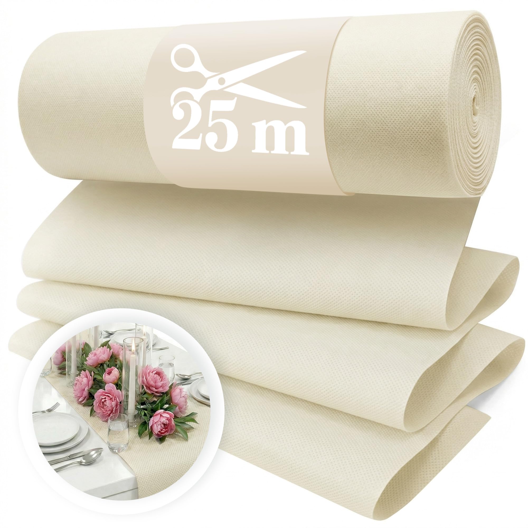 Vlies Tischläufer Creme [30cm x 25m] - Einweg Tischband als edle Tischläufer Tischdeko für Hochzeit, Kommunion, Taufe, Geburtstag, Weihnachten und Biertisch Feste