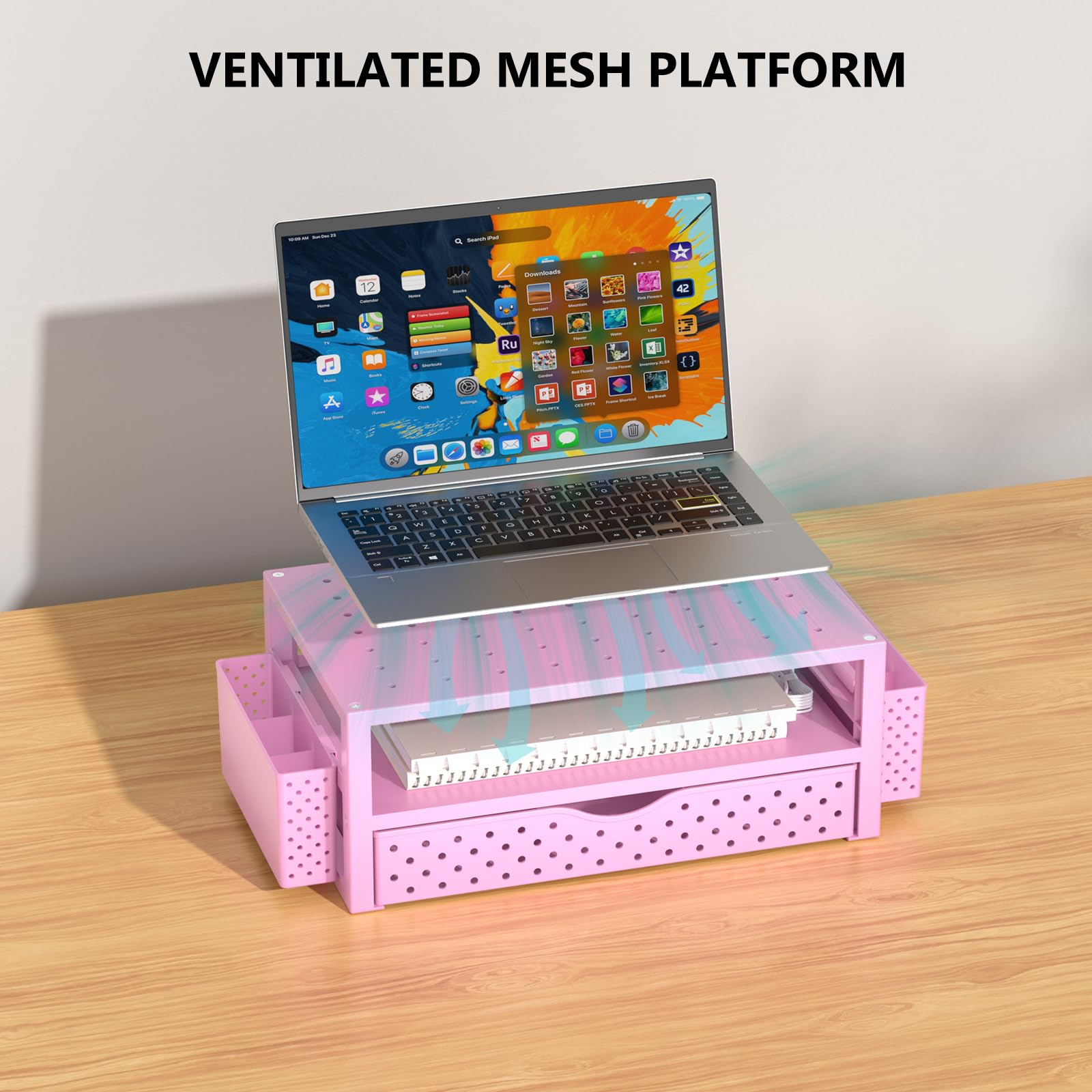 WALI Desk Organizer with Drawer and Pen Holder, 3 Tier Computer Monitor Stand for Home Office Supplies, Laptop Stand Riser for Computer, Laptop, Printer(PTT004-P), 1 Pack, Pink view 4
