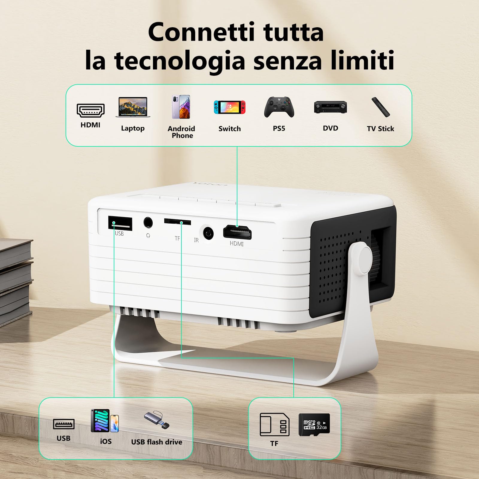 Yoton Y3 Mini Proiettore 15000 Lumens 4K Full HD 1080P Videoproiettore Portatile Auto Keystone Zoom 50%